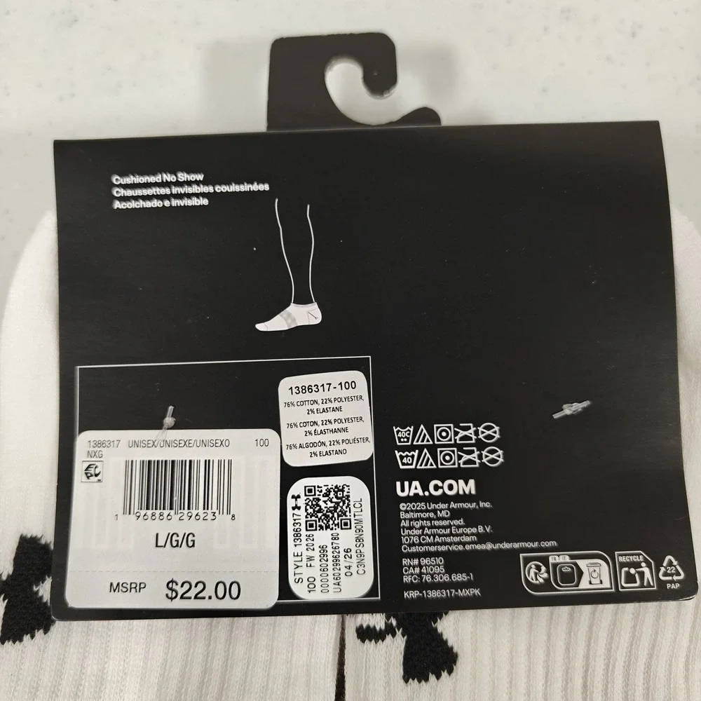 UNDER ARMOUR Men's 8.5-13 Training Cotton Cushioned No Show Socks 6-Pairs WHITE